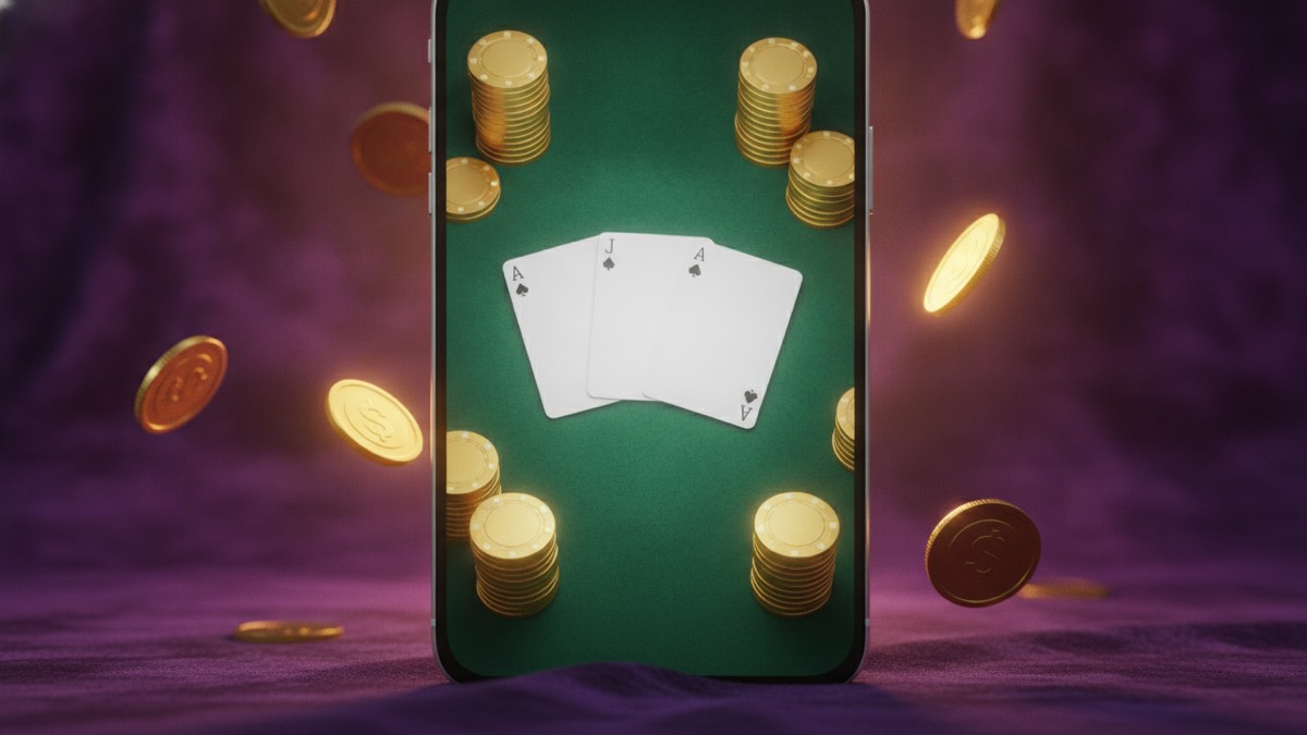 Smartphone showing a Teen Patti card table with three cards, surrounded by gold coins – best Teen Patti apps 2026