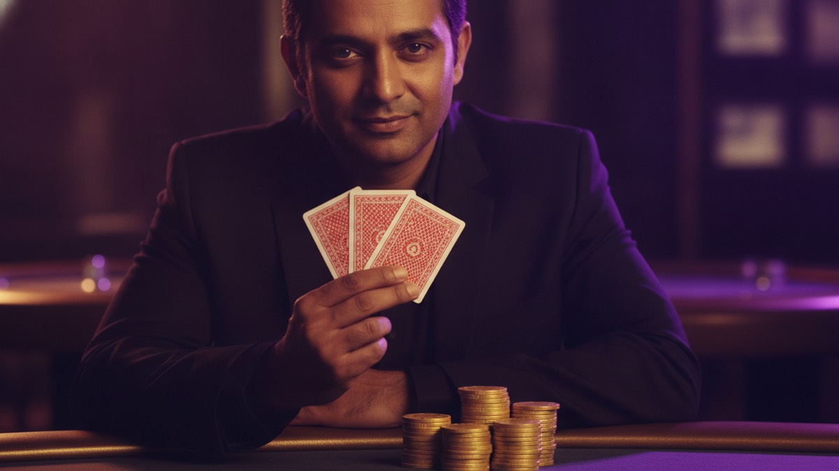 Indian player holding three cards close with a calm poker face at a purple casino table – Teen Patti bluffing