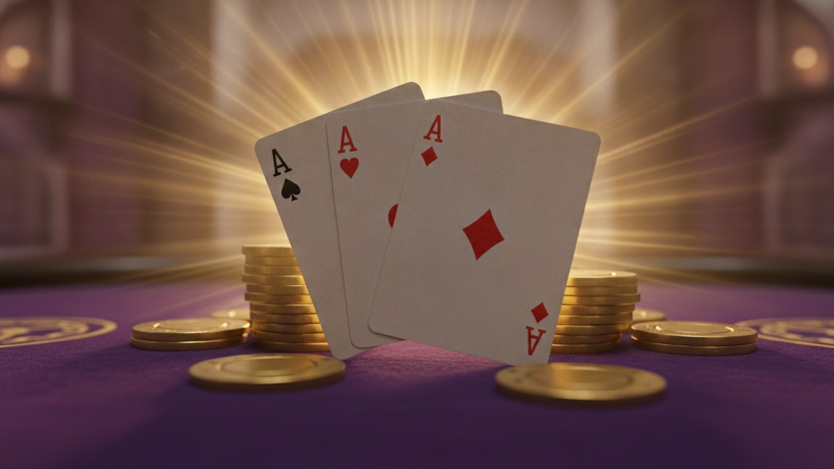 Trail of aces – the highest hand in Teen Patti hand rankings – fanned on a purple card table