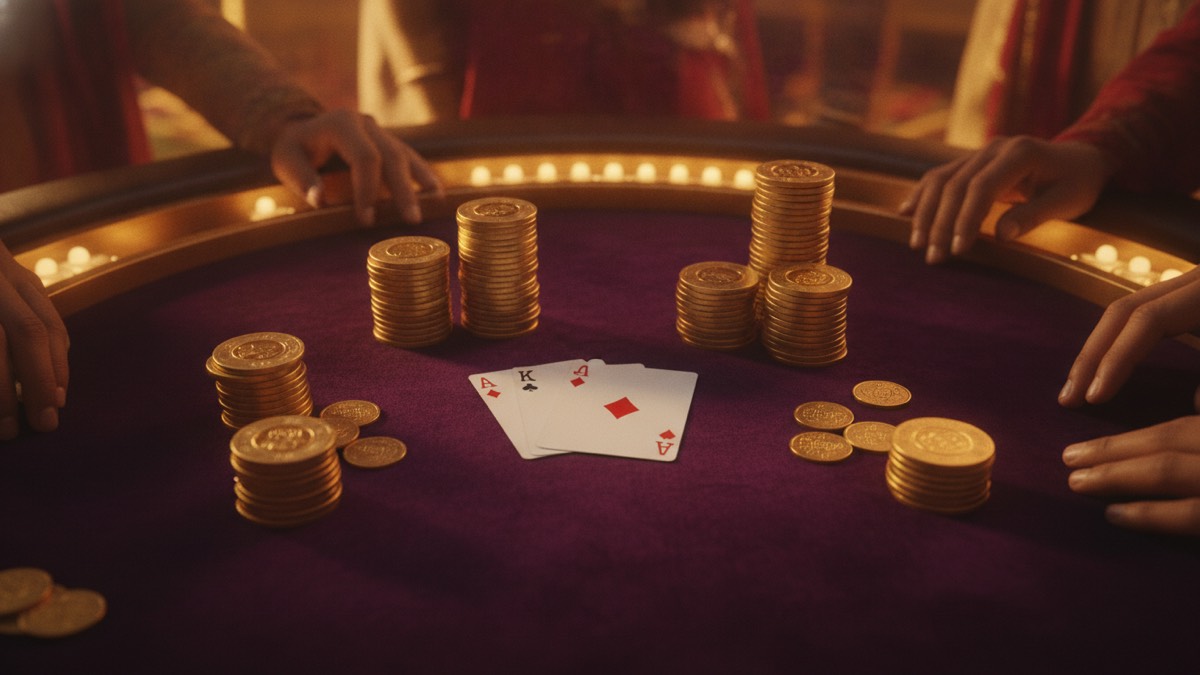 Five-player Teen Patti table with three cards and gold chips – learning how to play Teen Patti