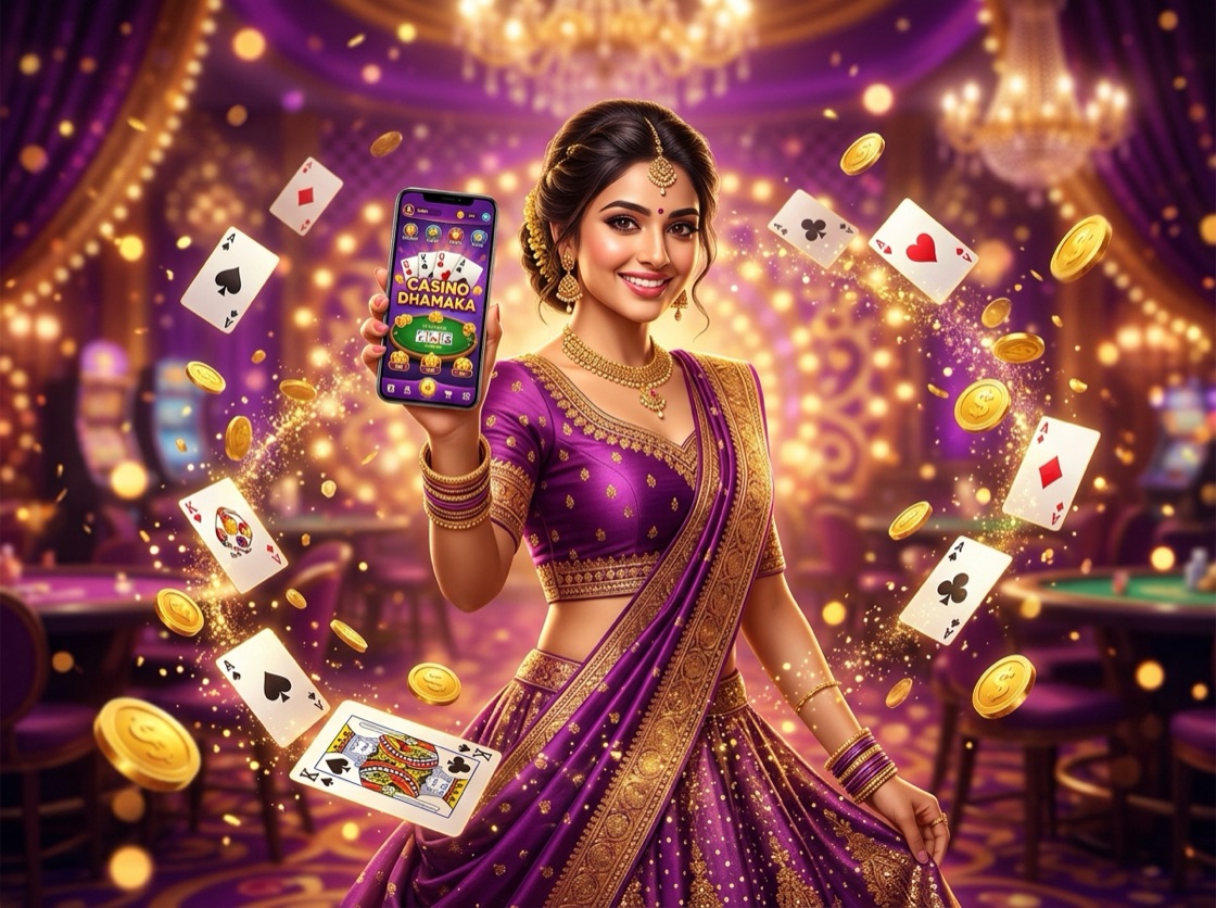Indian woman in purple lehenga presenting the Teen Patti Master app on a smartphone