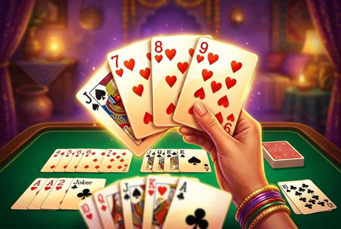 Indian Rummy game with a sequence of playing cards