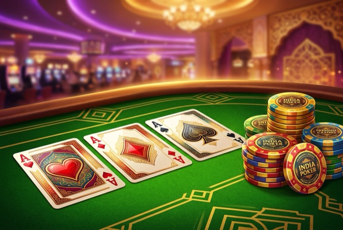 Teen Patti card game table with three cards and chips
